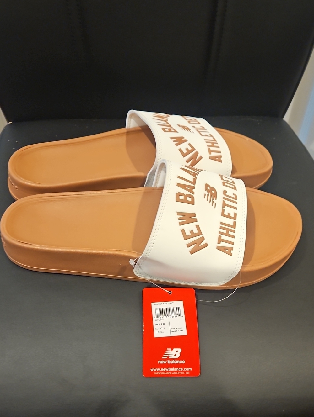 New Balance Men’s White Strap and Brown Slide Sandals